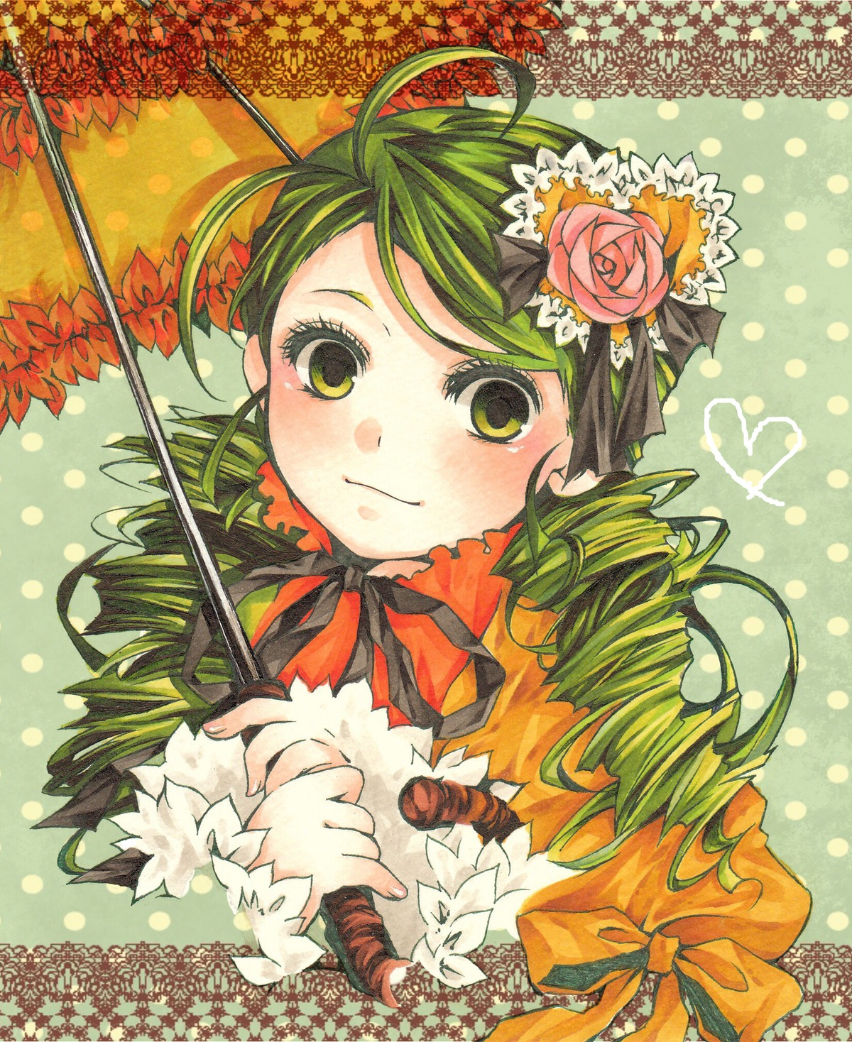 1girl :3 auto_tagged blush bow commentary_request dress drill_hair flower frills green_eyes green_hair hair_flower hair_ornament halftone halftone_background heart highres image iris_(riba) kanaria long_hair polka_dot polka_dot_background polka_dot_dress ribbon rose rozen_maiden solo traditional_media twin_drills umbrella