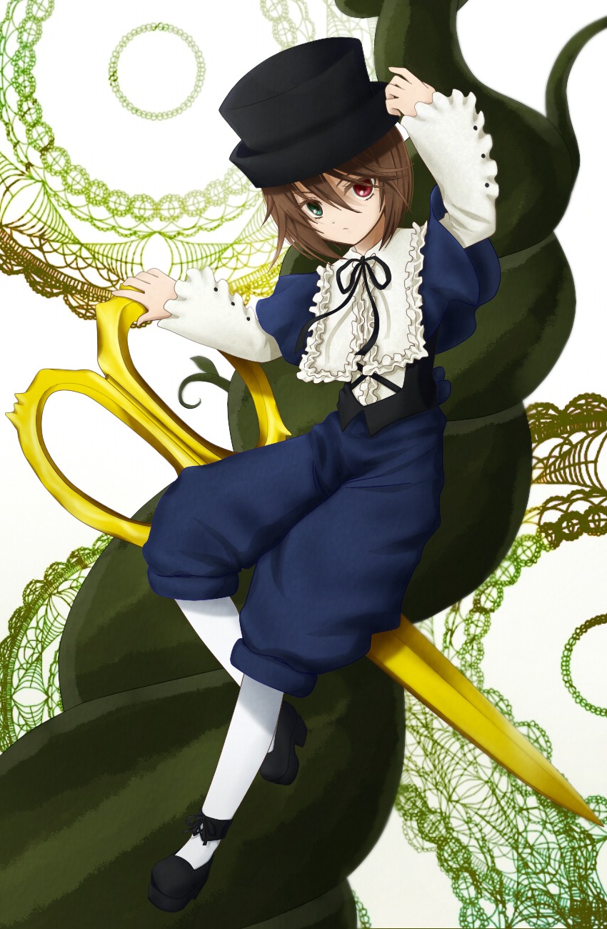 1girl brown_hair dress frills full_body green_eyes hat heterochromia image long_sleeves looking_at_viewer pantyhose red_eyes ribbon short_hair solo souseiseki suiseiseki top_hat white_legwear