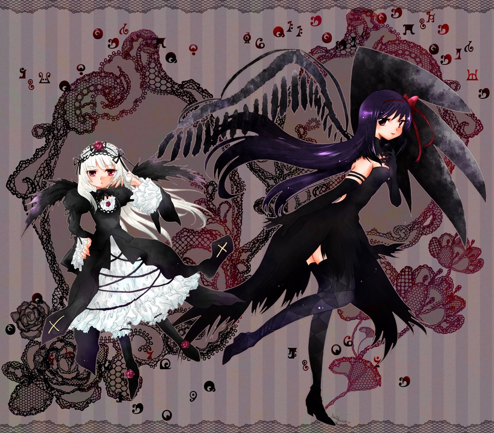 2girls akemi_homura akuma_homura black_hair black_wings bow dress elbow_gloves feathers flower gloves image long_hair multiple_girls purple_eyes red_eyes solo suigintou symmetry thighhighs wings