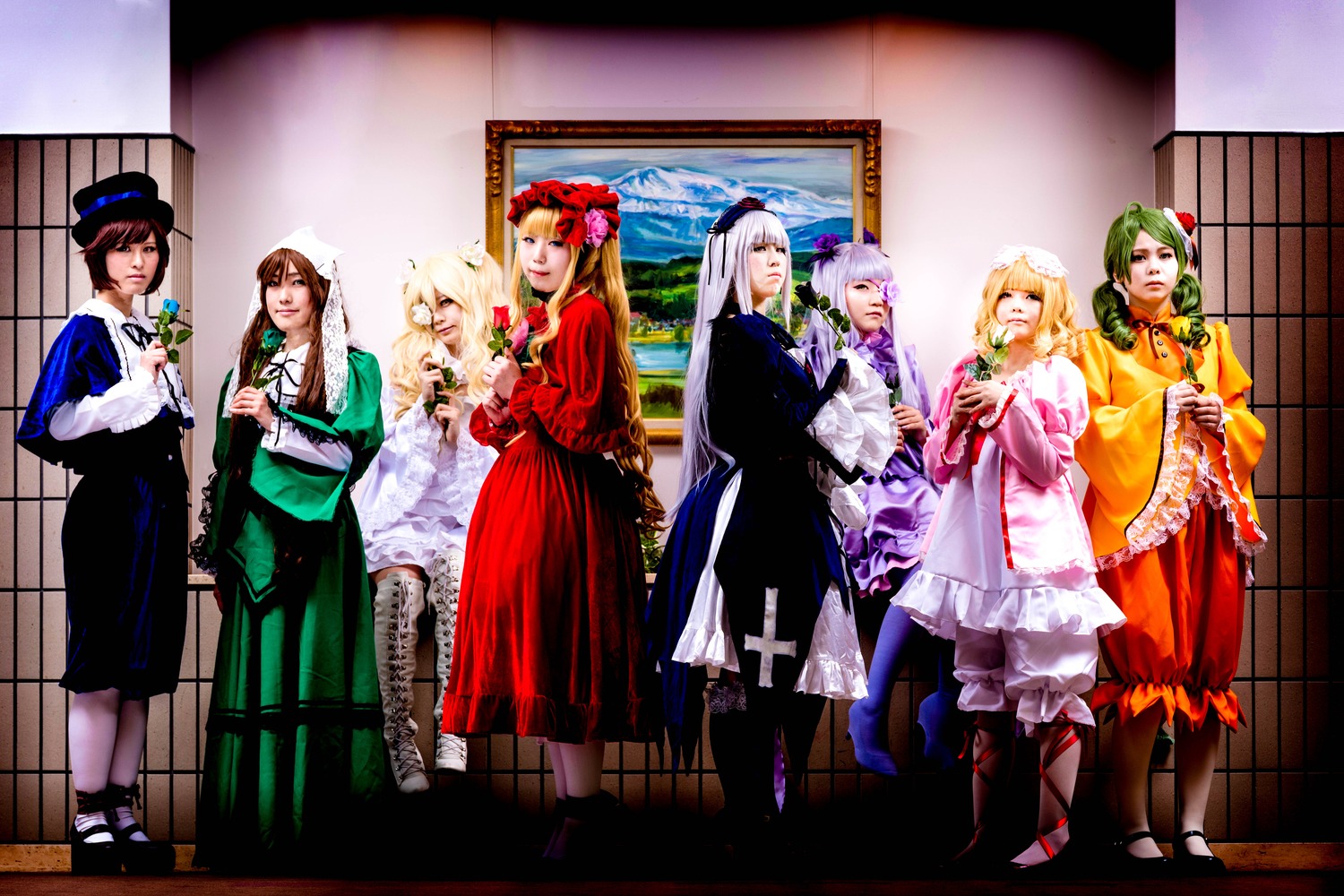 6+girls 91076 blonde_hair blue_eyes bow brown_hair closed_eyes dress flower gloves green_hair hair_ornament hat japanese_clothes long_hair multiple_cosplay multiple_girls pantyhose short_hair silver_hair tagme