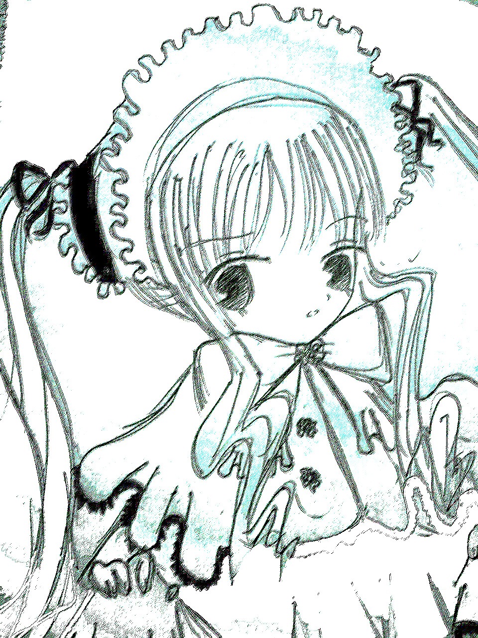 1girl bonnet bowtie dress hat image long_hair long_sleeves looking_at_viewer monochrome shinku simple_background solo traditional_media upper_body white_background