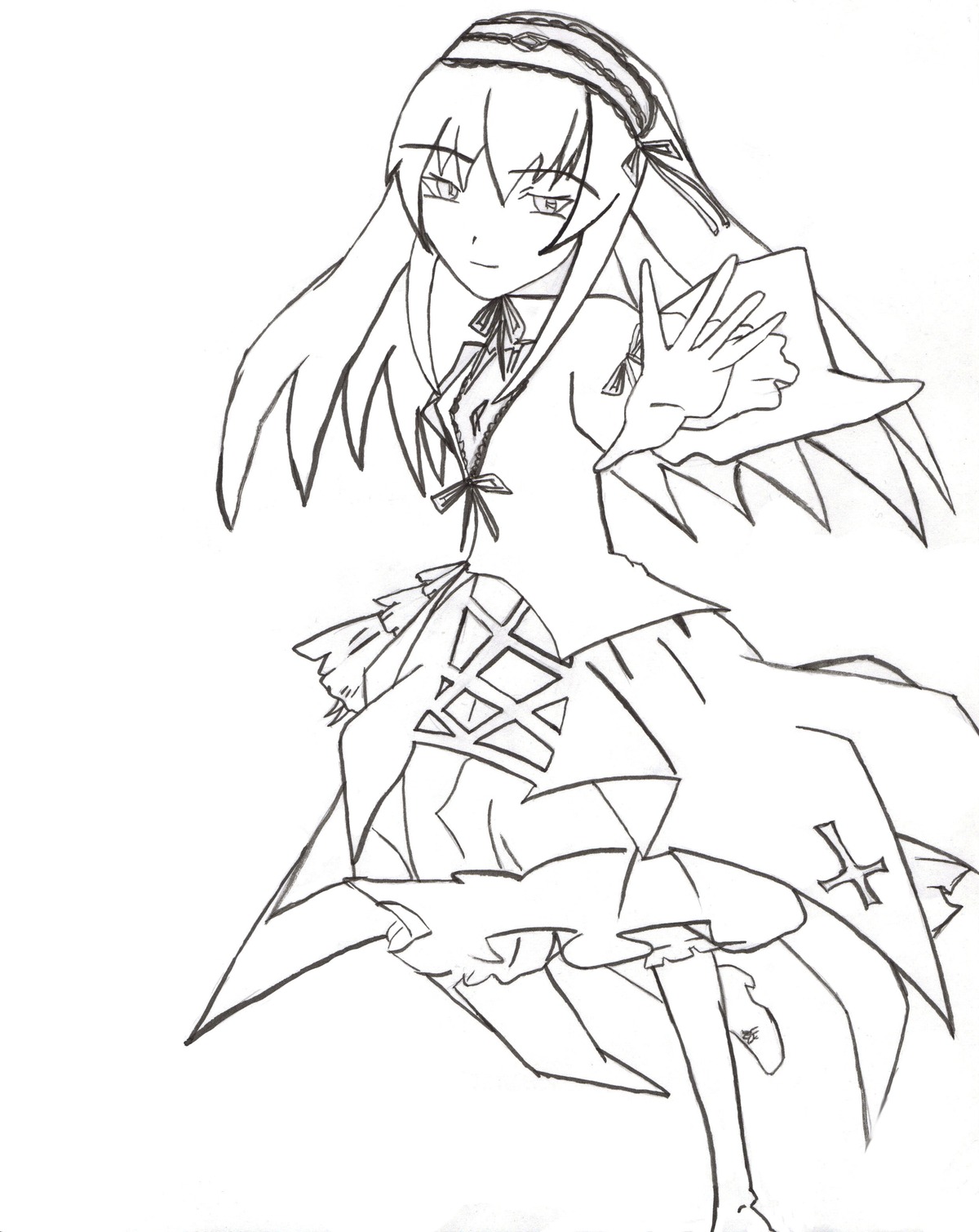 1girl akemi_homura full_body greyscale hairband image long_hair long_sleeves looking_at_viewer magical_girl monochrome ribbon simple_background solo suigintou white_background