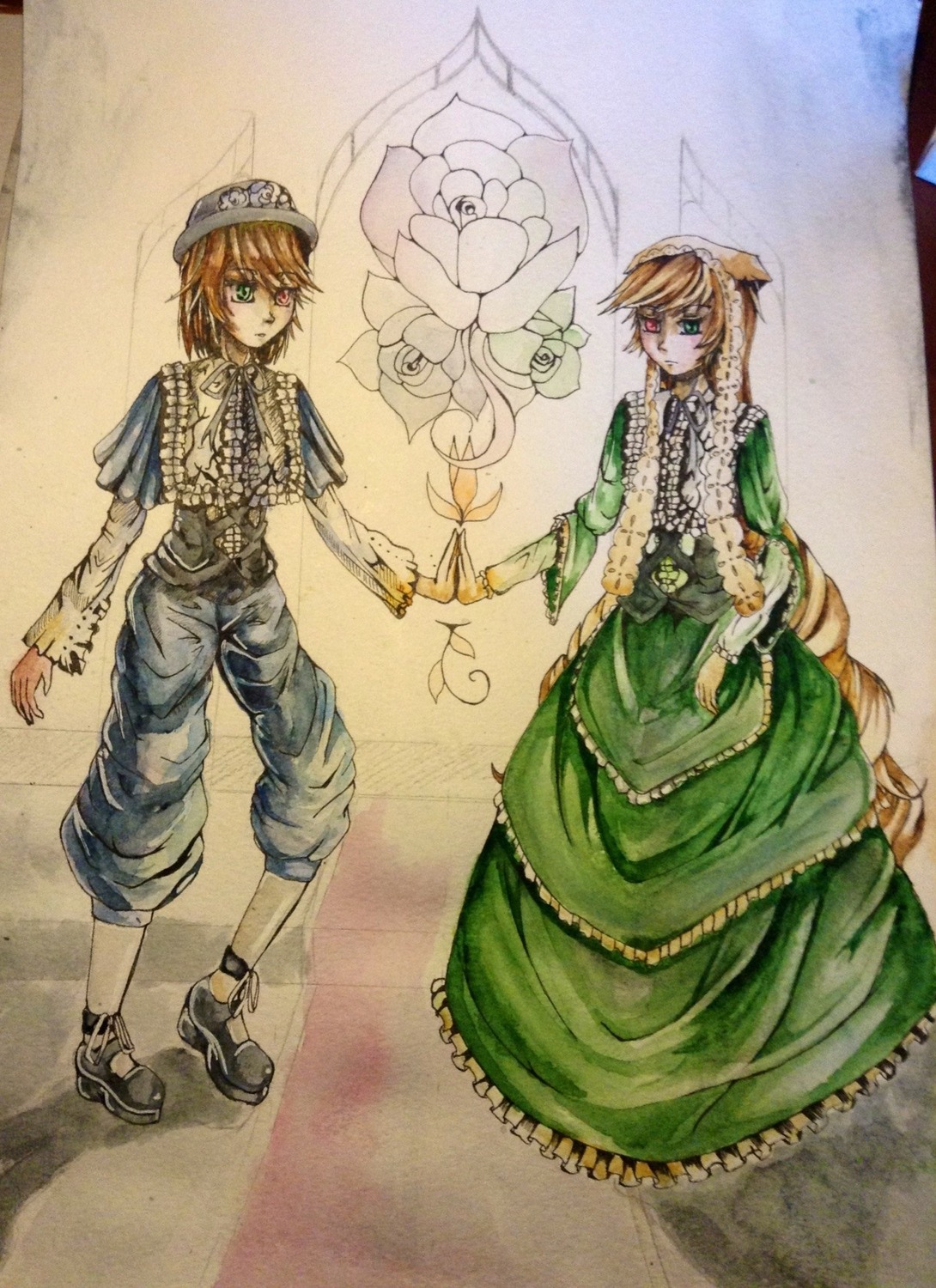 blonde_hair dress flower frills green_eyes hat image long_hair long_sleeves pair pants short_hair siblings souseiseki standing suiseiseki traditional_media twins very_long_hair