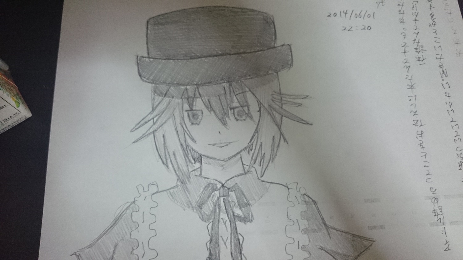 1girl bow dated hat image looking_at_viewer monochrome photo ribbon short_hair smile solo souseiseki traditional_media usami_renko