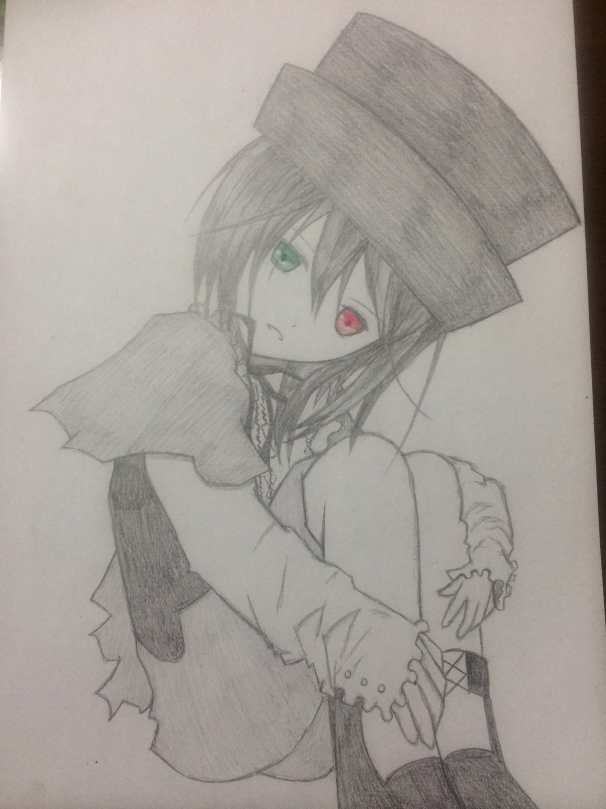1girl green_eyes hat heterochromia image long_sleeves looking_at_viewer monochrome red_eyes short_hair solo souseiseki spot_color thighhighs traditional_media