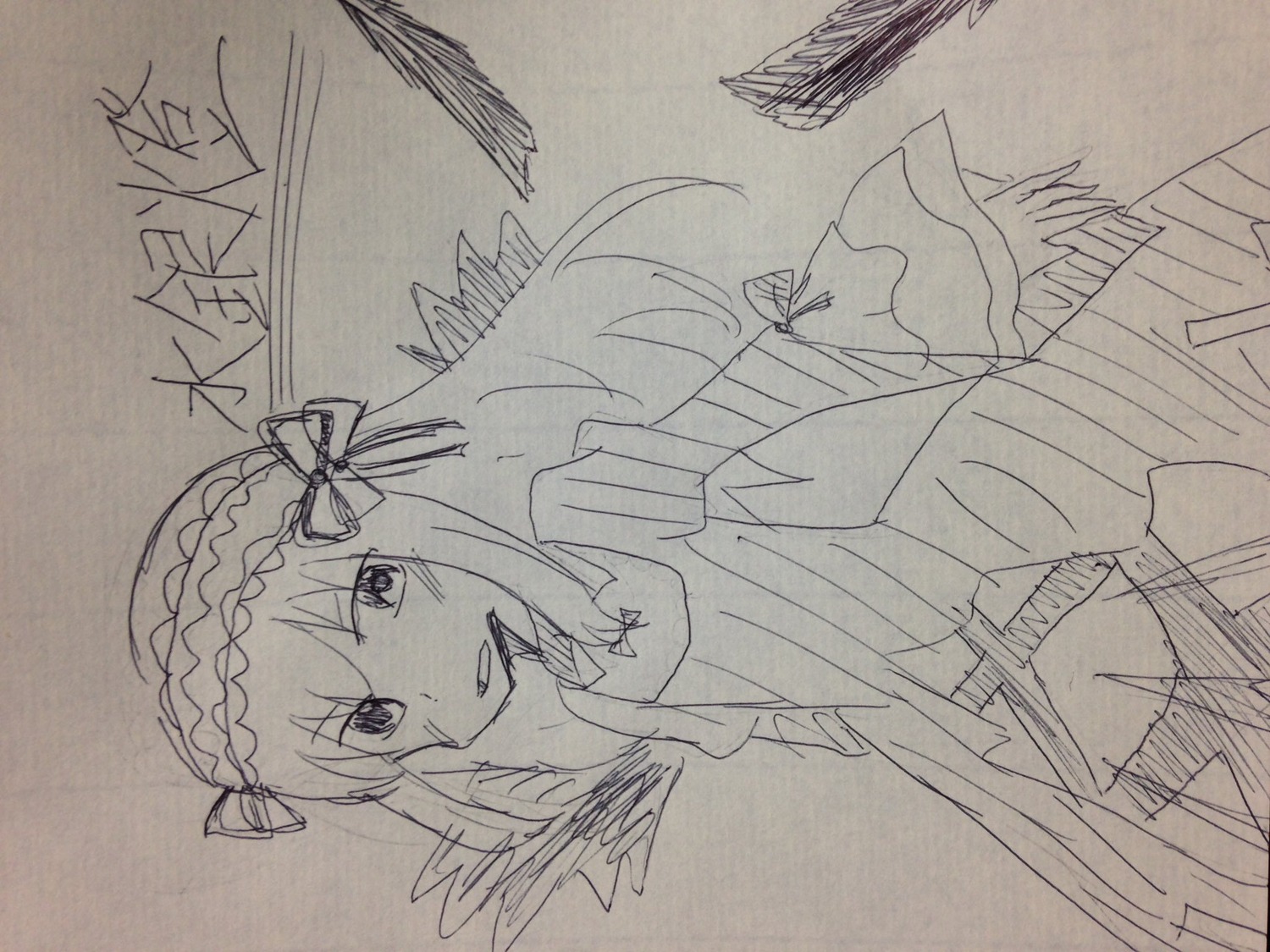 1girl dress feathered_wings feathers greyscale hairband image lolita_hairband long_hair long_sleeves looking_at_viewer monochrome photo solo suigintou traditional_media wings