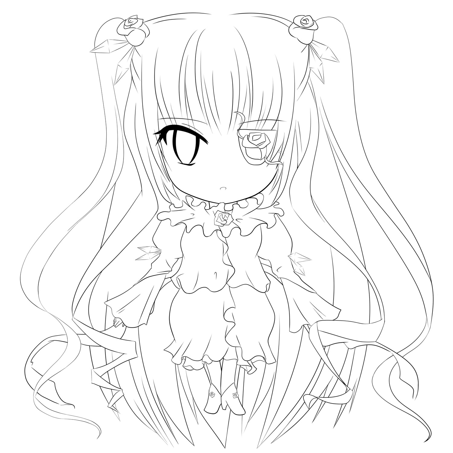 1girl :< bangs barasuishou blush closed_mouth dress eyebrows_visible_through_hair eyepatch full_body greyscale hair_ornament image lineart long_hair monochrome ribbon simple_background solo standing two_side_up very_long_hair white_background