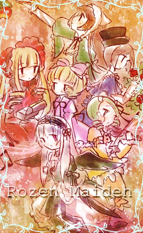 6+girls blonde_hair blue_eyes bow brown_hair closed_eyes dress green_dress green_hair hat hina_ichigo image kanaria long_hair long_sleeves multiple multiple_girls pink_bow shinku short_hair siblings silver_hair souseiseki suigintou suiseiseki tagme top_hat wings