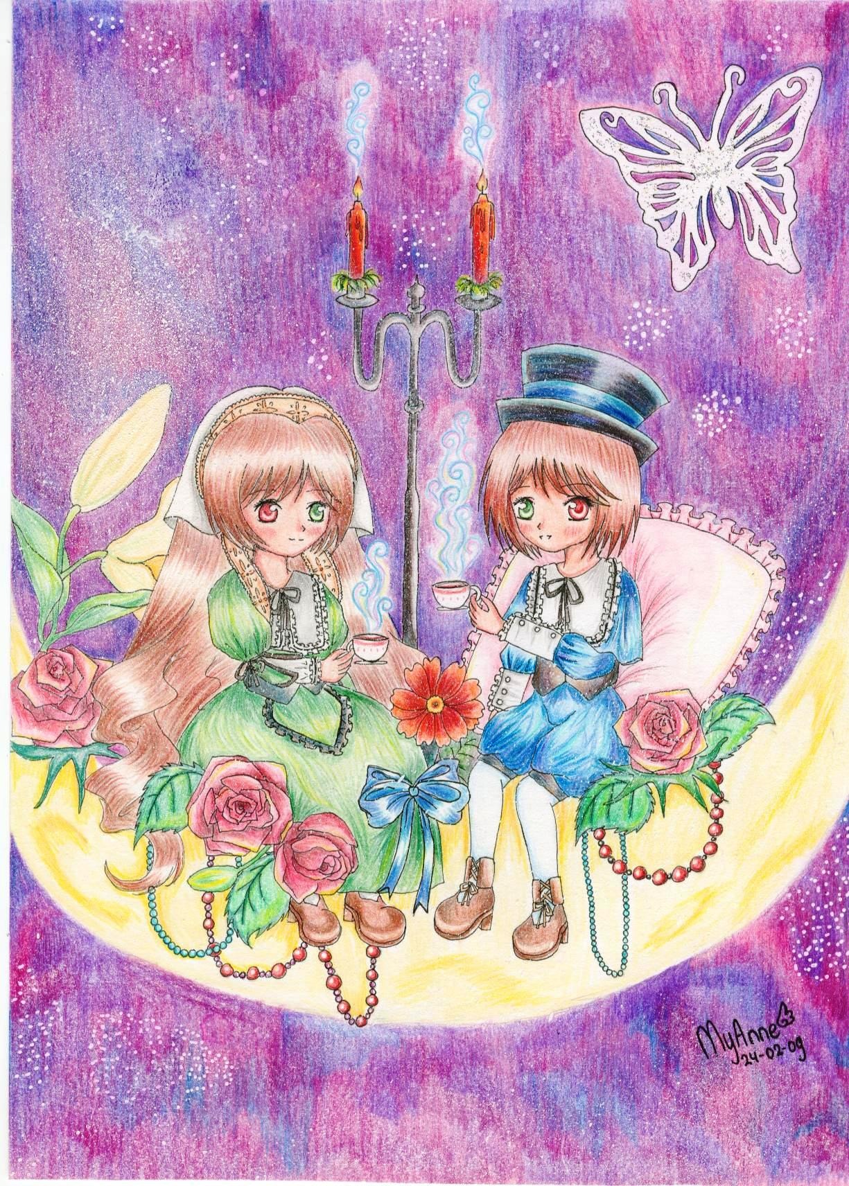 2girls brown_hair dress flower frills green_eyes hat heterochromia image moon multiple_girls pair pantyhose pink_flower pink_rose red_eyes rose scissors short_hair siblings sisters smile souseiseki suiseiseki twins watercolor_(medium)