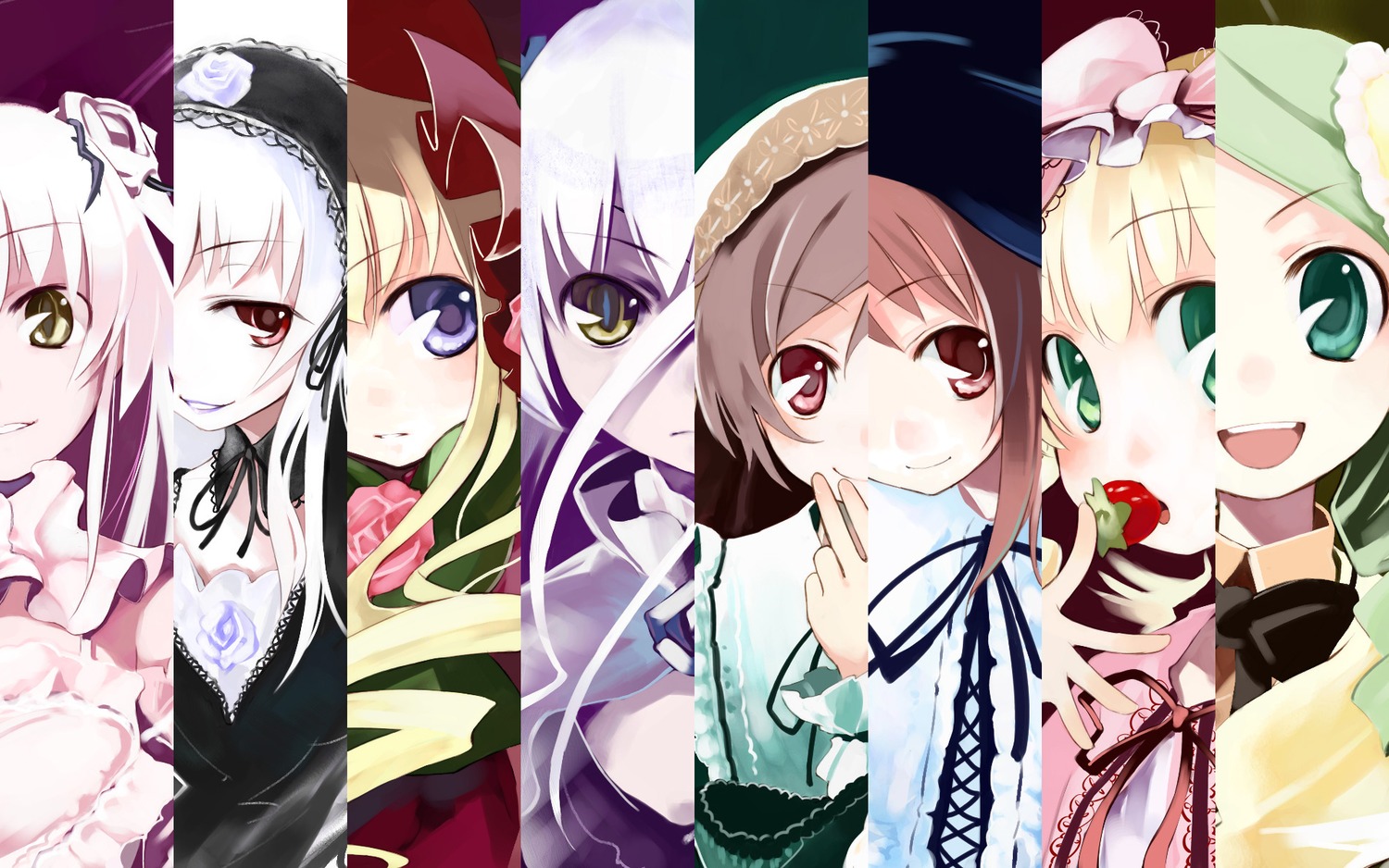 6+girls blonde_hair blue_eyes bow brown_eyes brown_hair column_lineup dress food frills fruit green_eyes hairband hat hina_ichigo image long_hair looking_at_viewer multiple multiple_girls pink_bow ribbon shinku siblings silver_hair sisters smile souseiseki suigintou suiseiseki tagme twins