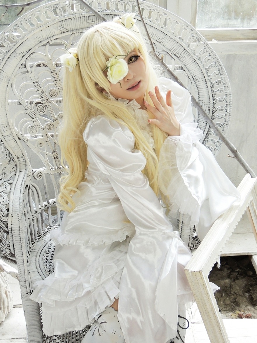 1girl blonde_hair dress eyepatch kirakishou lips long_hair mask see-through solo white_dress