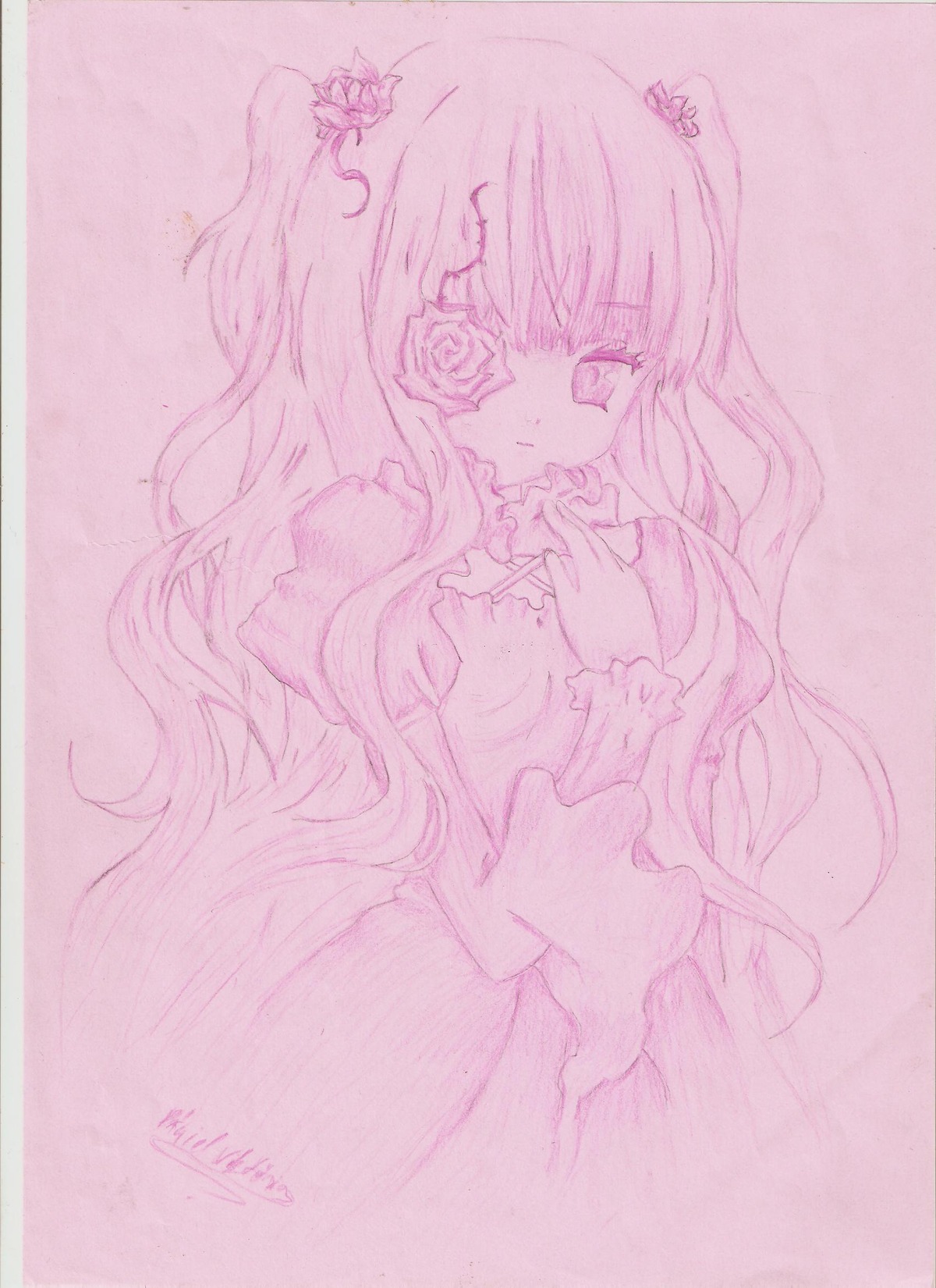1girl dress eyepatch flower hair_flower hair_ornament image kirakishou long_hair long_sleeves looking_at_viewer monochrome pink_theme rose solo traditional_media very_long_hair