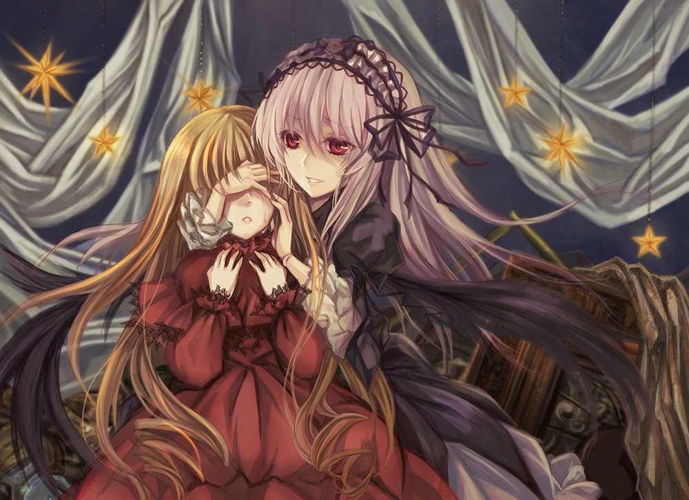 2girls ai_(creamcaramel) alternate_hairstyle autumn_leaves bangs black_wings blonde_hair commentary_request crying doll_joints dress flower frills hair_down hairband hand_on_another's_face hand_over_eye image joints lace leaf lolita_fashion lolita_hairband long_hair long_sleeves maple_leaf multiple_girls open_mouth pair parted_lips photoshop_(medium) red_dress red_eyes rose rozen_maiden shinku siblings silver_hair sisters smile star_(symbol) suigintou very_long_hair wings yuri