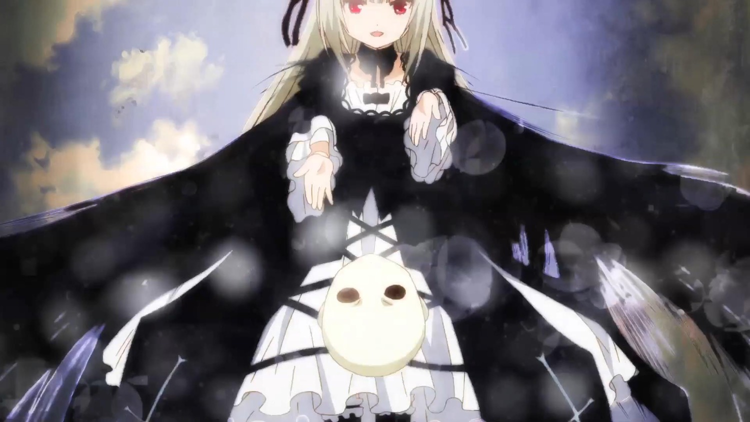 1girl black_dress black_ribbon blonde_hair cloud dress frills gothic_lolita hair_ribbon image lolita_fashion long_hair long_sleeves red_eyes ribbon solo suigintou