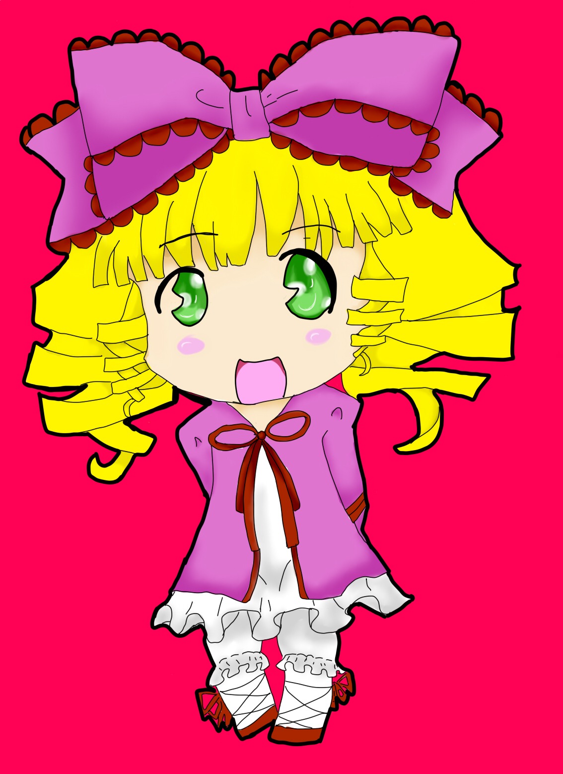 1girl :d auto_tagged blonde_hair bloomers blush_stickers bow chibi dress drill_hair frills full_body green_eyes hina_ichigo hinaichigo image long_sleeves open_mouth pink_bow simple_background smile solo