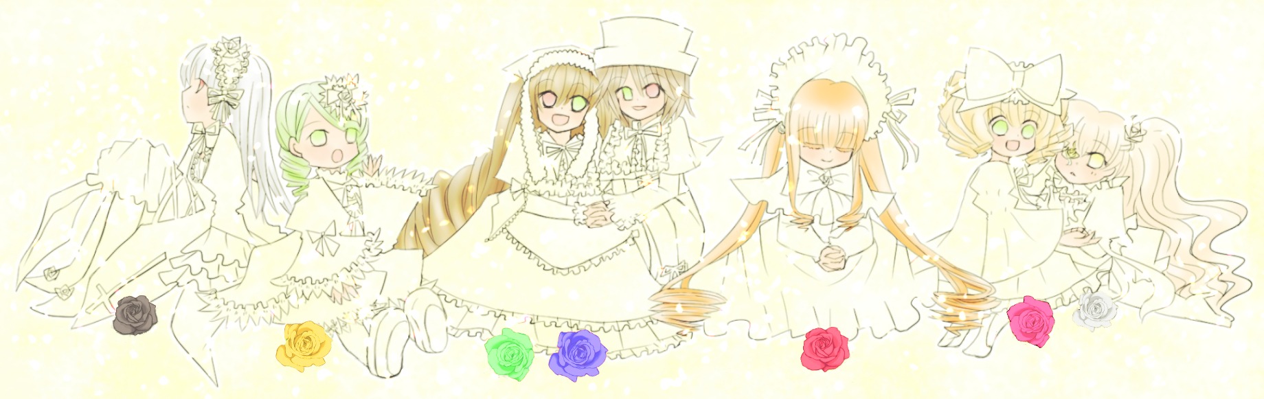 6+girls blonde_hair bridal_veil brown_hair closed_eyes dress flower green_eyes hat image long_hair multiple multiple_girls rose short_hair smile tagme veil wedding_dress
