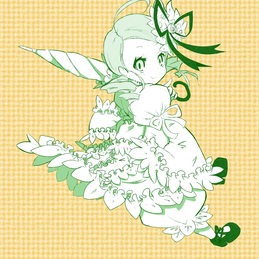 1girl ahoge argyle blush checkered checkered_background dress drill_hair flower frills full_body green_theme hair_ornament image kanaria long_sleeves plaid plaid_background puffy_sleeves smile solo twin_drills yellow_background