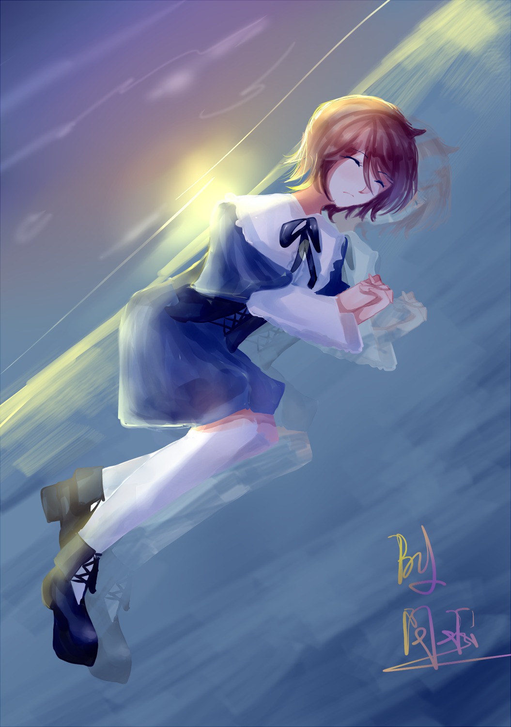 1girl black_footwear blonde_hair blue_skirt boots capelet closed_eyes image long_sleeves ribbon short_hair skirt sleeping solo souseiseki white_legwear