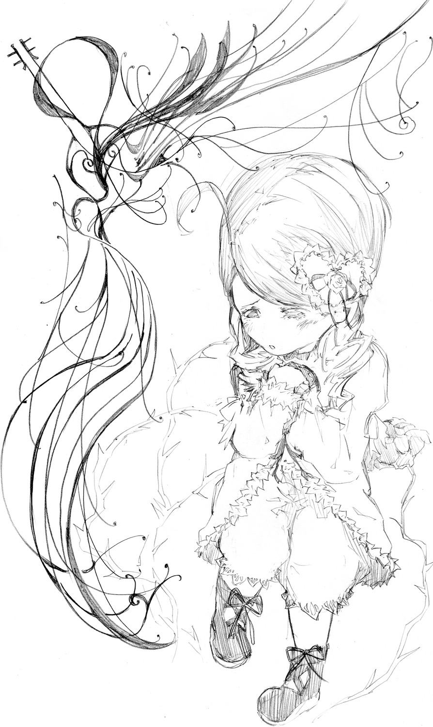 1girl dress greyscale hair_ornament image kanaria long_hair long_sleeves monochrome solo very_long_hair