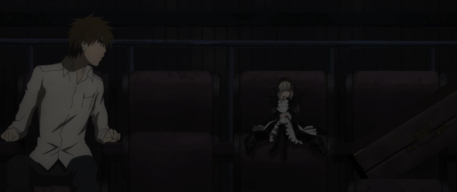 1boy 1girl dark dress image indoors long_sleeves sitting solo suigintou