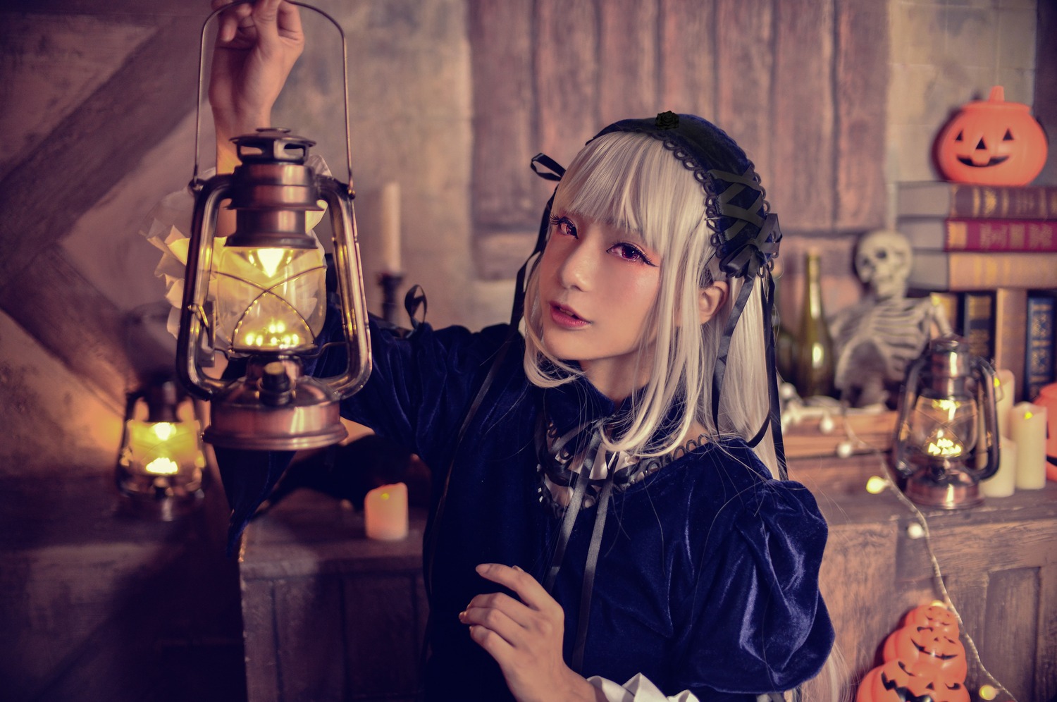 1girl bangs blunt_bangs candle candlestand hairband halloween holding indoors jack-o'-lantern lamp lantern lips pumpkin realistic solo suigintou upper_body