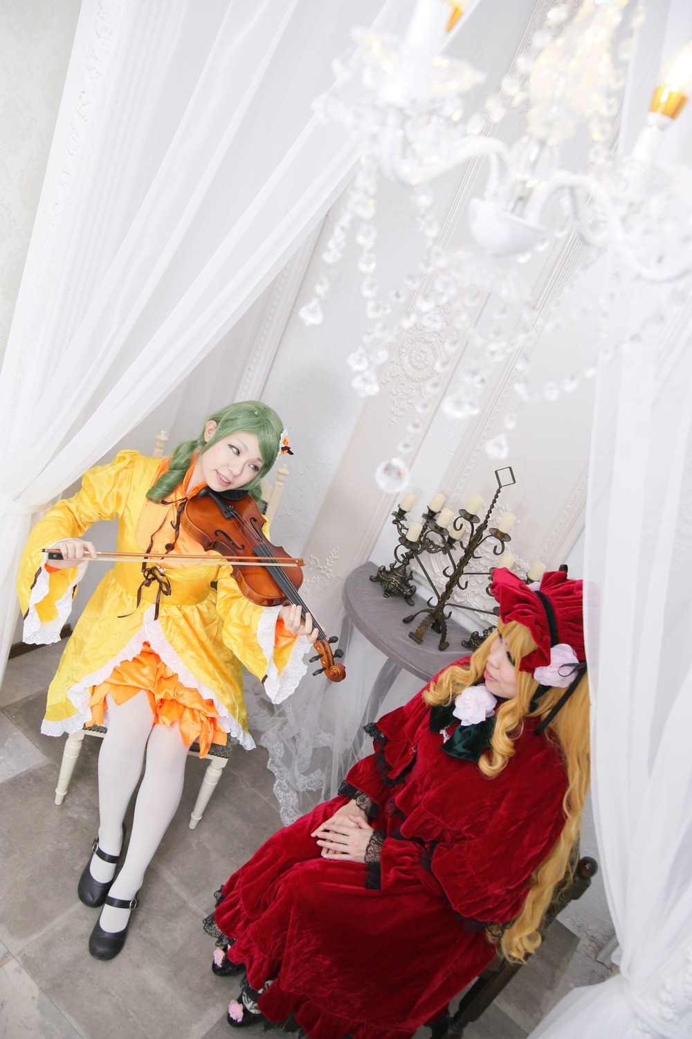2girls blonde_hair curtains dress flower green_hair hat instrument long_hair multiple_cosplay multiple_girls music pantyhose playing_instrument shoes short_hair sitting tagme white_legwear yellow_dress