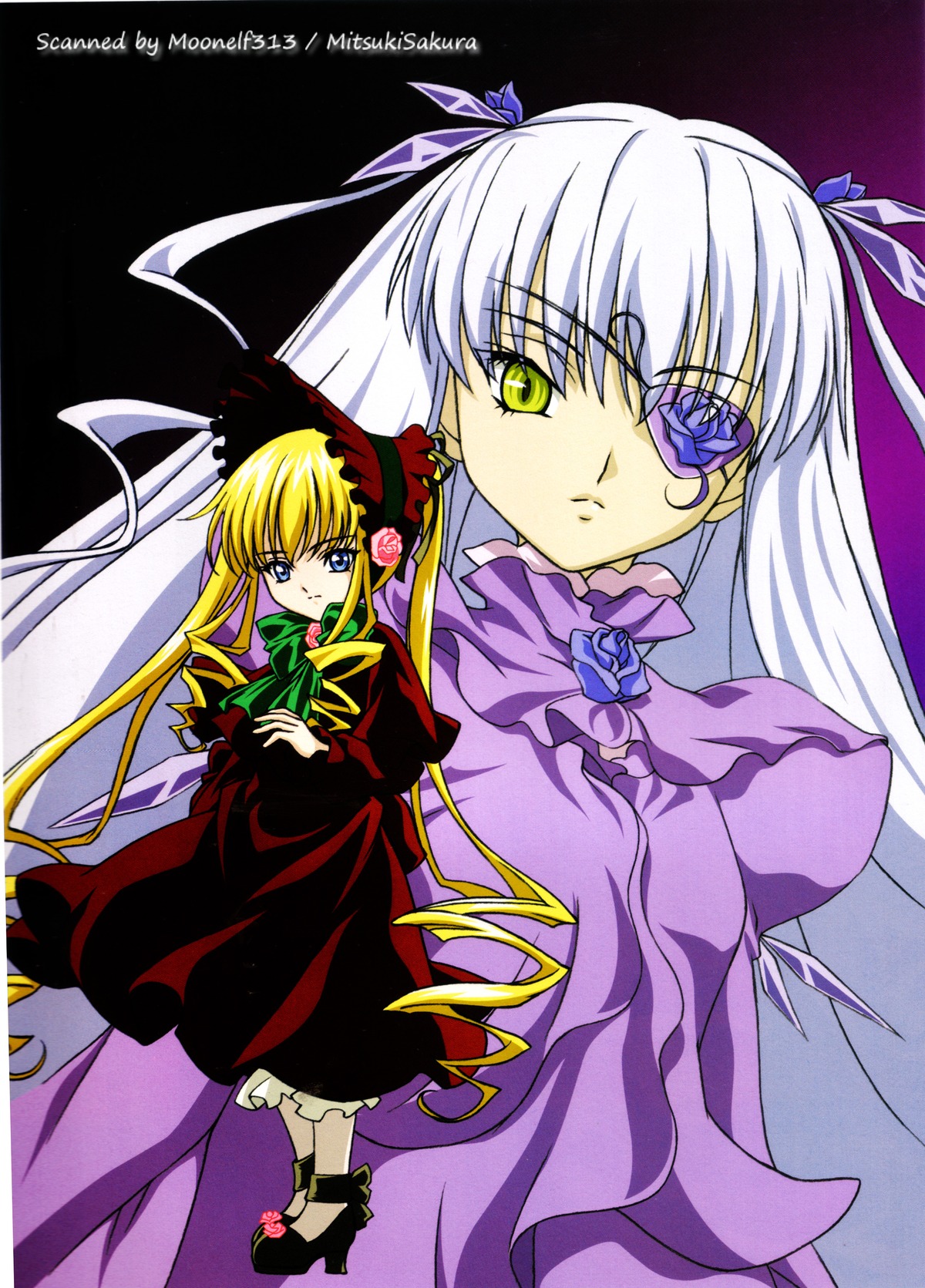 2girls barasuishou black_dress blonde_hair blue_eyes bow bowtie dress frills hair_ribbon image long_hair long_sleeves looking_at_viewer multiple_girls pair red_dress ribbon shinku silver_hair simple_background standing very_long_hair yellow_eyes