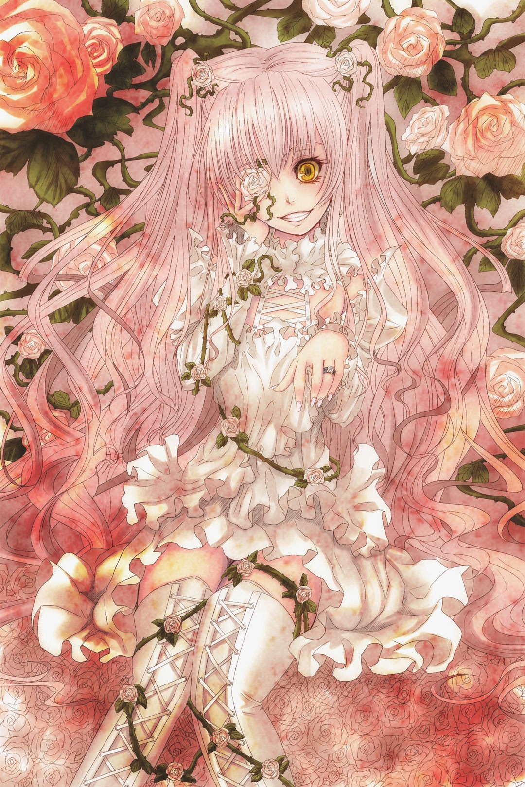 1girl doll_joints dress eyepatch flower frills image joints kirakishou long_hair pink_flower pink_hair pink_rose plant rose solo thighhighs thorns traditional_media very_long_hair vines white_flower white_rose yellow_eyes