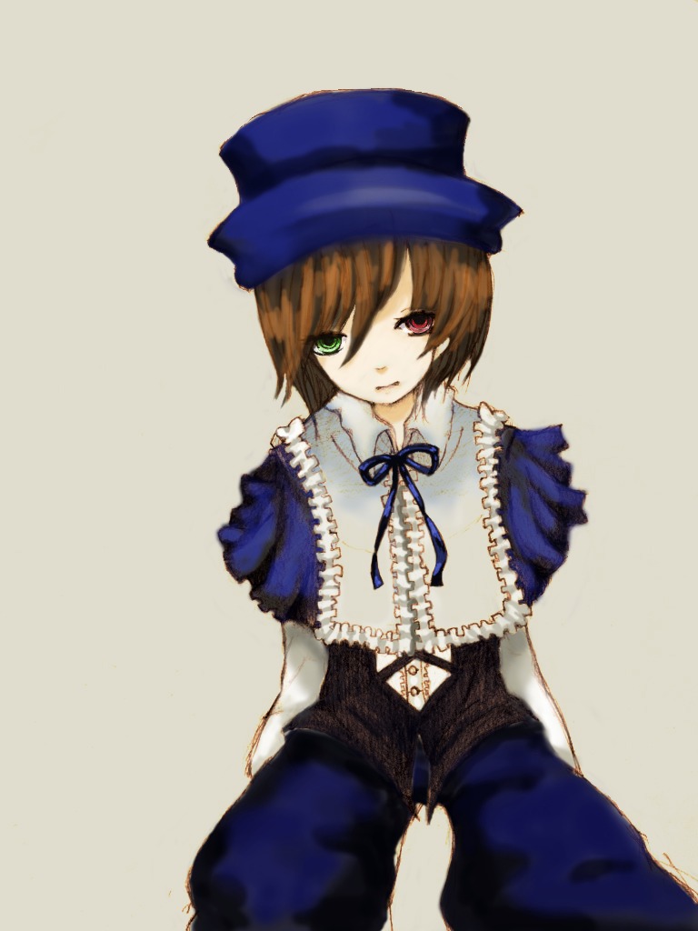 1girl beige_background brown_hair dress frills green_eyes grey_background hat heterochromia image long_sleeves looking_at_viewer red_eyes short_hair simple_background sitting solo souseiseki top_hat