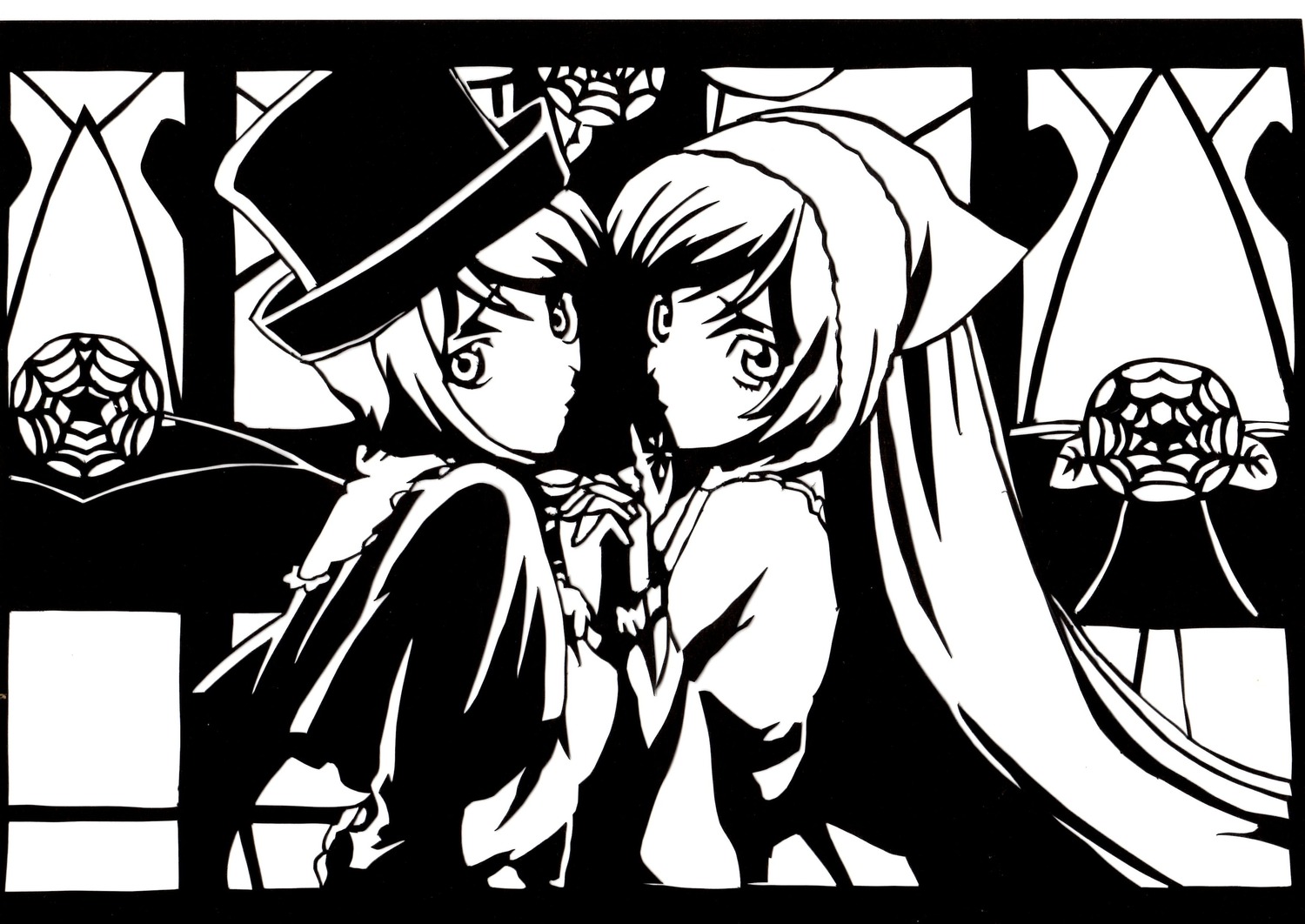 2girls greyscale hat image long_hair looking_at_viewer monochrome multiple_girls pair short_hair souseiseki suiseiseki yuri