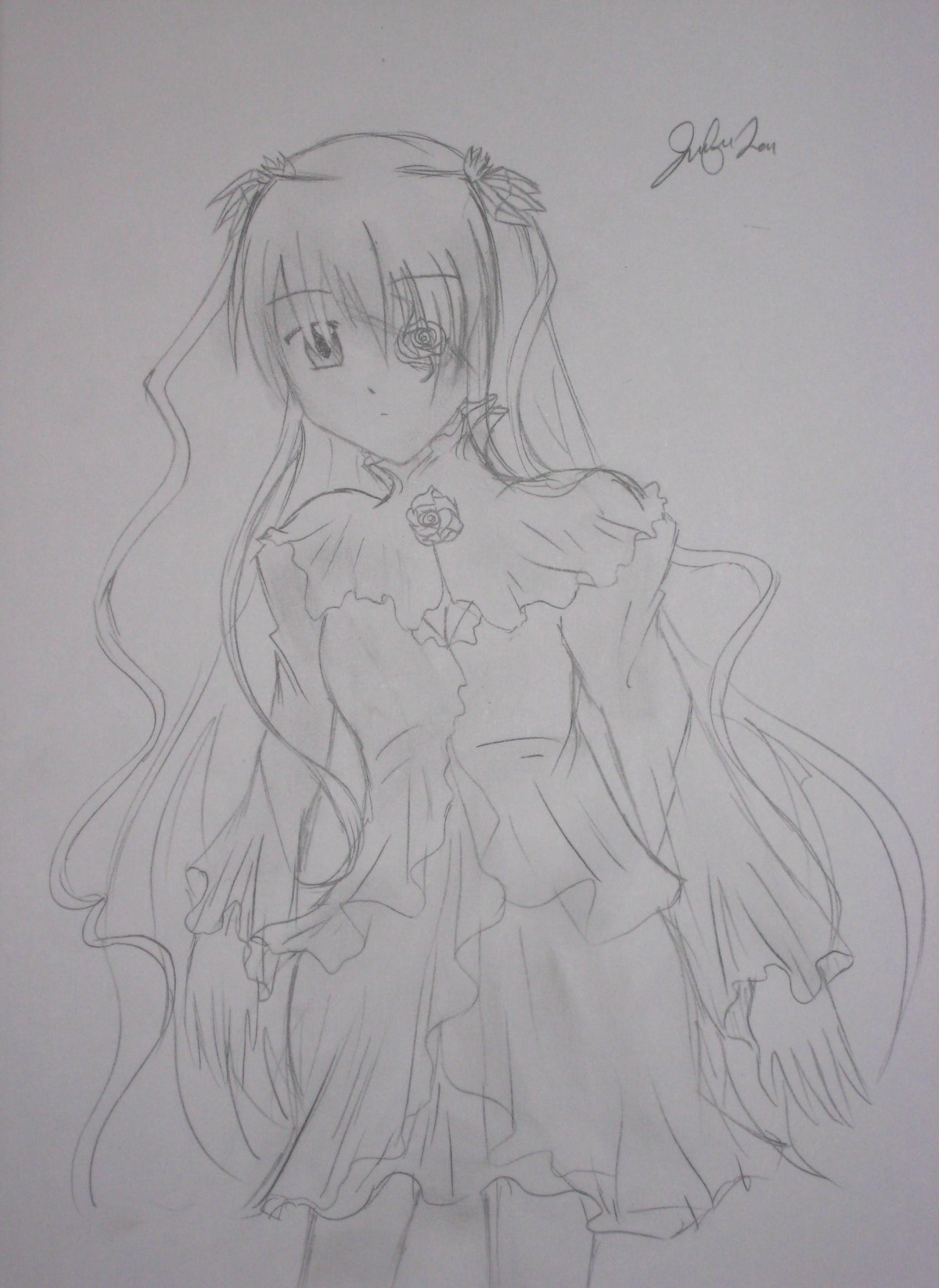 1girl barasuishou dress expressionless frills greyscale image long_hair long_sleeves looking_at_viewer monochrome simple_background solo standing traditional_media very_long_hair white_background