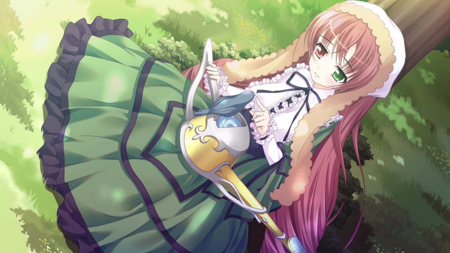 1girl blush brown_hair bush dress frills grass green_dress green_eyes heterochromia image long_hair long_sleeves outdoors red_eyes solo suiseiseki very_long_hair watering_can