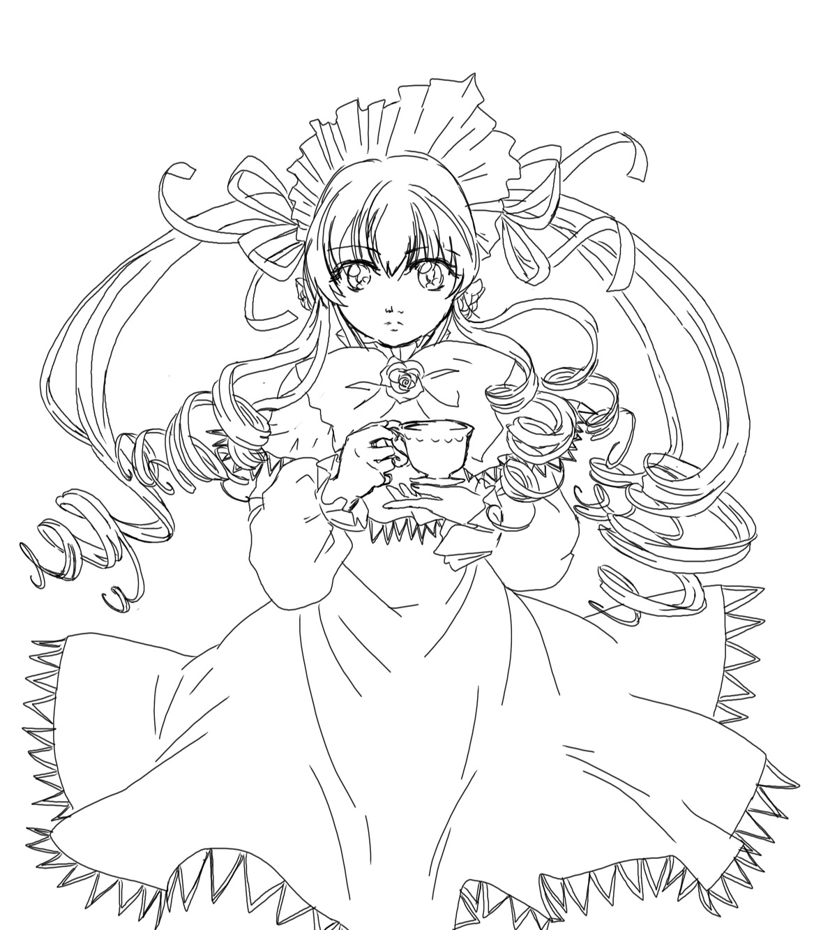 1girl cowboy_shot dress drill_hair greyscale image long_hair long_sleeves looking_at_viewer monochrome own_hands_together ribbon shinku solo striped twin_drills twintails white_background