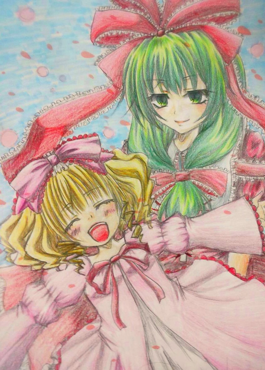 2girls animi6 blonde_hair blue_background blush bow closed_eyes colored_pencil_(medium) commentary_request crossover dress drill_hair frills front_ponytail green_eyes green_hair hair_ribbon hina_ichigo hinaichigo image juliet_sleeves kagiyama_hina long_hair long_sleeves looking_at_viewer multiple_girls namesake open_mouth petals pink_bow puffy_sleeves ribbon rose_petals rozen_maiden short_hair smile solo touhou traditional_media twin_drills twintails