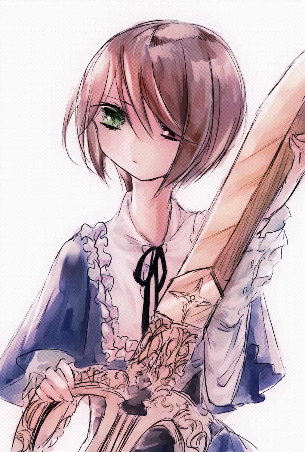1girl dress frills green_eyes holding image long_sleeves short_hair solo souseiseki striped upper_body vertical_stripes