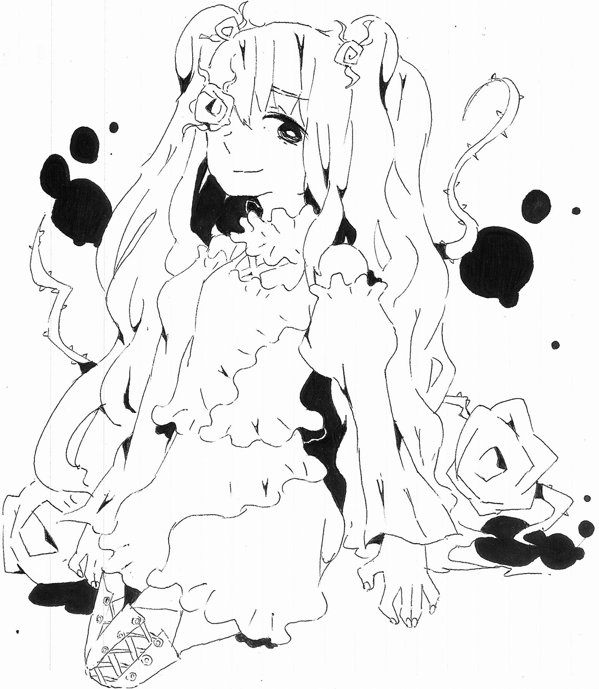 1girl auto_tagged blush closed_mouth crescent greyscale hata_no_kokoro image kirakishou long_hair long_sleeves looking_at_viewer mask mask_on_head monochrome skirt smile solo very_long_hair