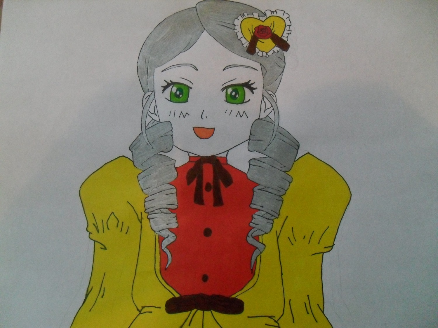 1girl :d bowtie dress drill_hair green_eyes green_hair grey_background hair_ornament image kanaria long_hair long_sleeves looking_at_viewer open_mouth photo ringlets simple_background smile solo traditional_media twin_drills upper_body