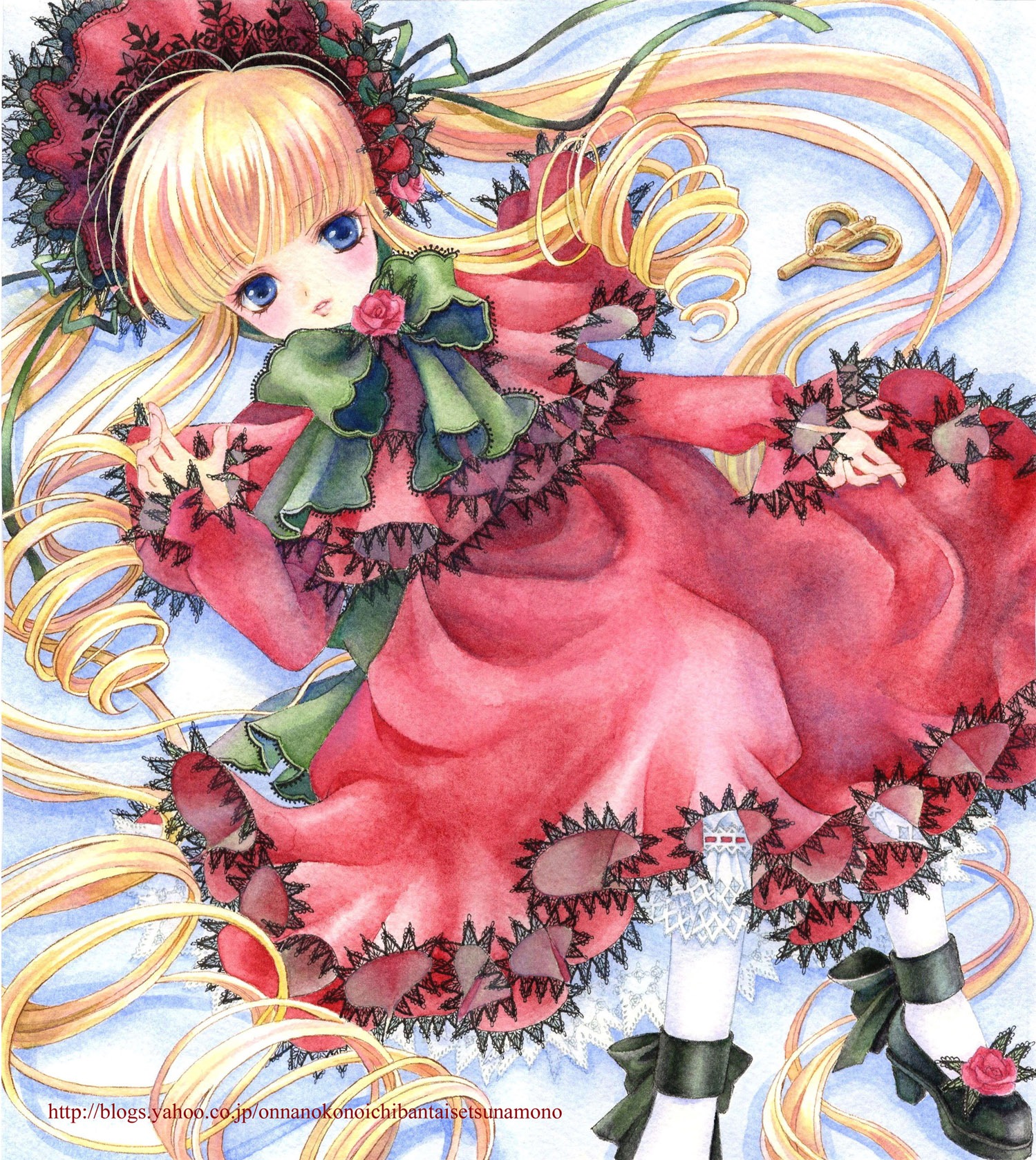 1girl auto_tagged blonde_hair blue_eyes bonnet bow bowtie dress drill_hair flower frills green_bow green_neckwear image long_hair long_sleeves looking_at_viewer lying marker_(medium) pink_rose red_dress rose shinku shoes solo traditional_media twin_drills twintails very_long_hair white_legwear
