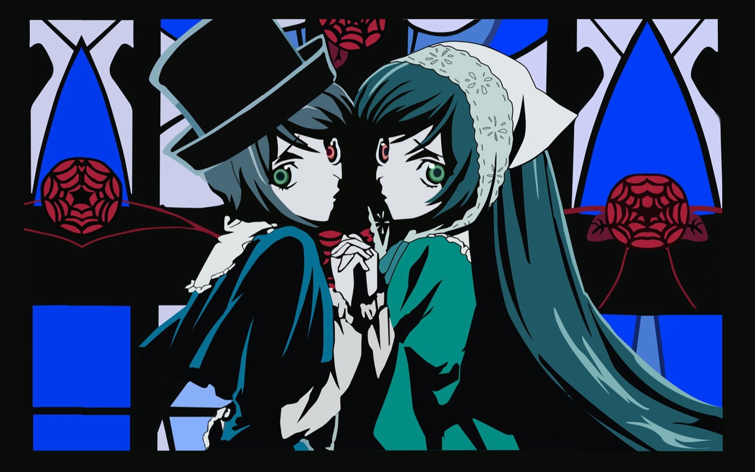 2girls green_eyes hat heterochromia holding_hands image long_hair looking_at_viewer multiple_girls pair red_eyes short_hair siblings sisters souseiseki suiseiseki twintails