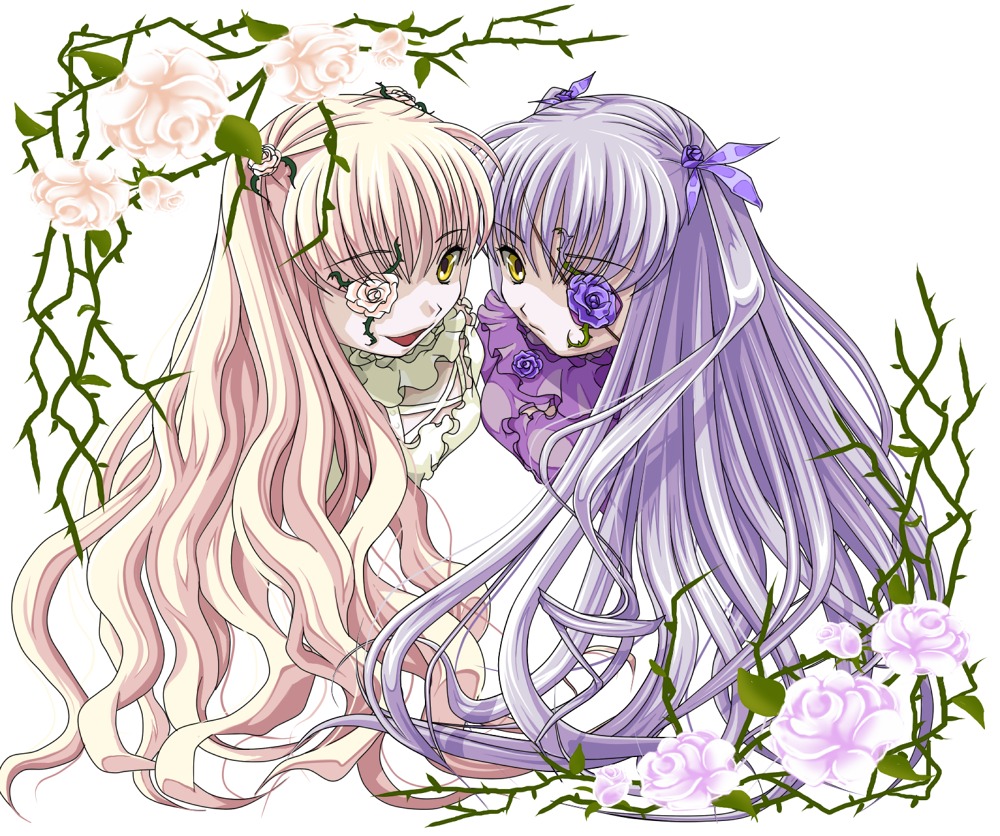 2girls barasuishou eyepatch flower image kirakishou long_hair multiple_girls pair pink_flower pink_rose plant purple_flower purple_rose rose thorns two_side_up very_long_hair vines white_rose yellow_eyes