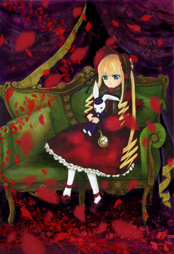 1girl 86800 blonde_hair blue_eyes bonnet dress flower image long_hair petals red_dress rose rose_petals shinku sitting solo stuffed_animal