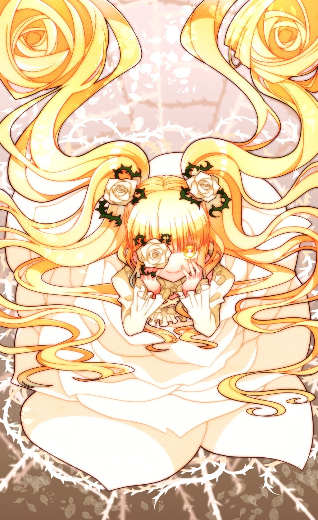 1girl blonde_hair dress flower hair_flower hair_ornament image kirakishou long_hair rose solo twintails very_long_hair white_flower white_rose