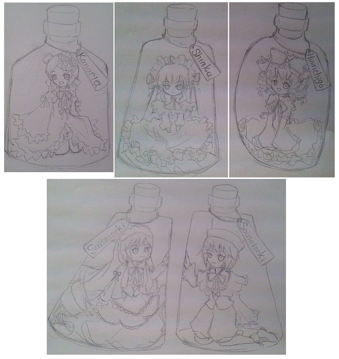 bow dress drill_hair hat hina_ichigo image monochrome multiple multiple_girls short_hair sketch standing tagme