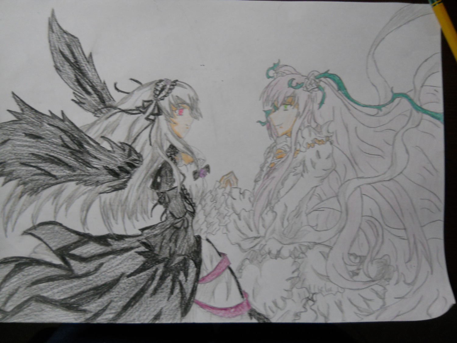 2girls black_dress black_wings bow dress elbow_gloves eye_contact flower from_side gloves hairband image kirakishou letterboxed long_hair looking_at_another multiple_girls pair pink_hair profile red_eyes rose suigintou very_long_hair white_dress wings