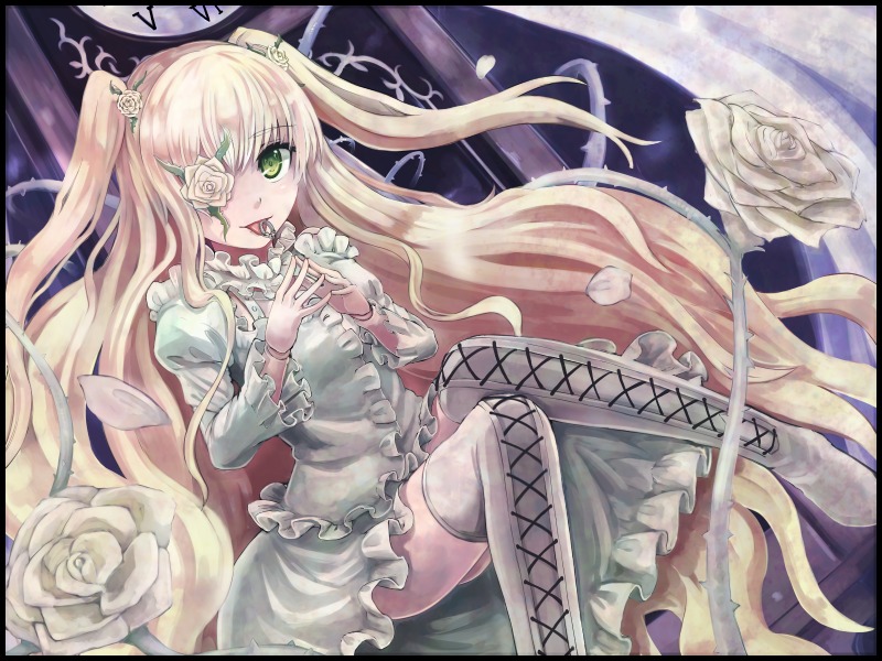 1girl bad_id bad_pixiv_id black_rose blonde_hair boots clock cross-laced_footwear doll_joints dress eyepatch flower frills grandfather_clock green_eyes hair_flower hair_ornament hiruno image jewelry joints kirakishou letterboxed licking long_hair long_sleeves pink_flower pink_hair pink_rose puffy_sleeves ring rose rose_petals rozen_maiden sitting solo thighhighs thorns tongue tongue_out two_side_up very_long_hair vines white_dress white_flower white_rose yellow_eyes yellow_rose
