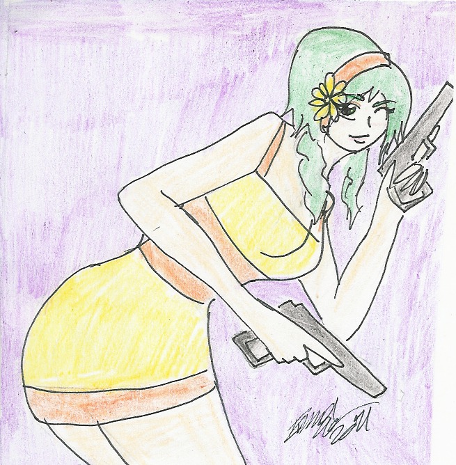 1girl dual_wielding flower green_eyes green_hair gun hair_flower handgun holding_gun holding_weapon image kanaria monster_girl one_eye_closed pistol solo swimsuit trigger_discipline weapon