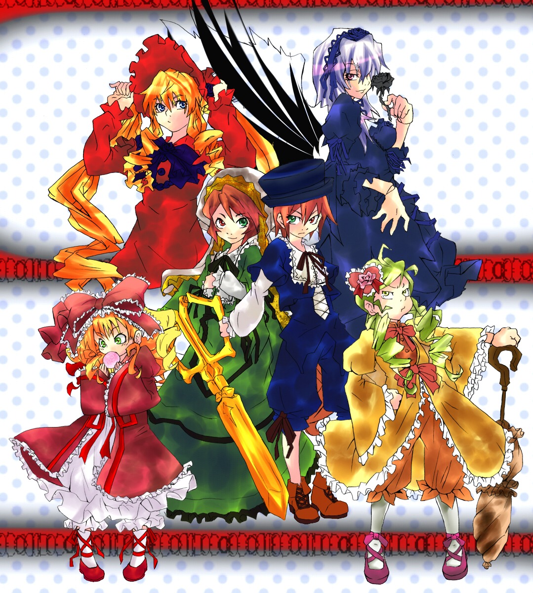 blonde_hair bow brown_hair dress drill_hair frills green_eyes hat hina_ichigo image kanaria long_hair long_sleeves multiple multiple_girls orange_hair pink_bow polka_dot polka_dot_background shinku short_hair silver_hair suigintou suiseiseki tagme very_long_hair wings