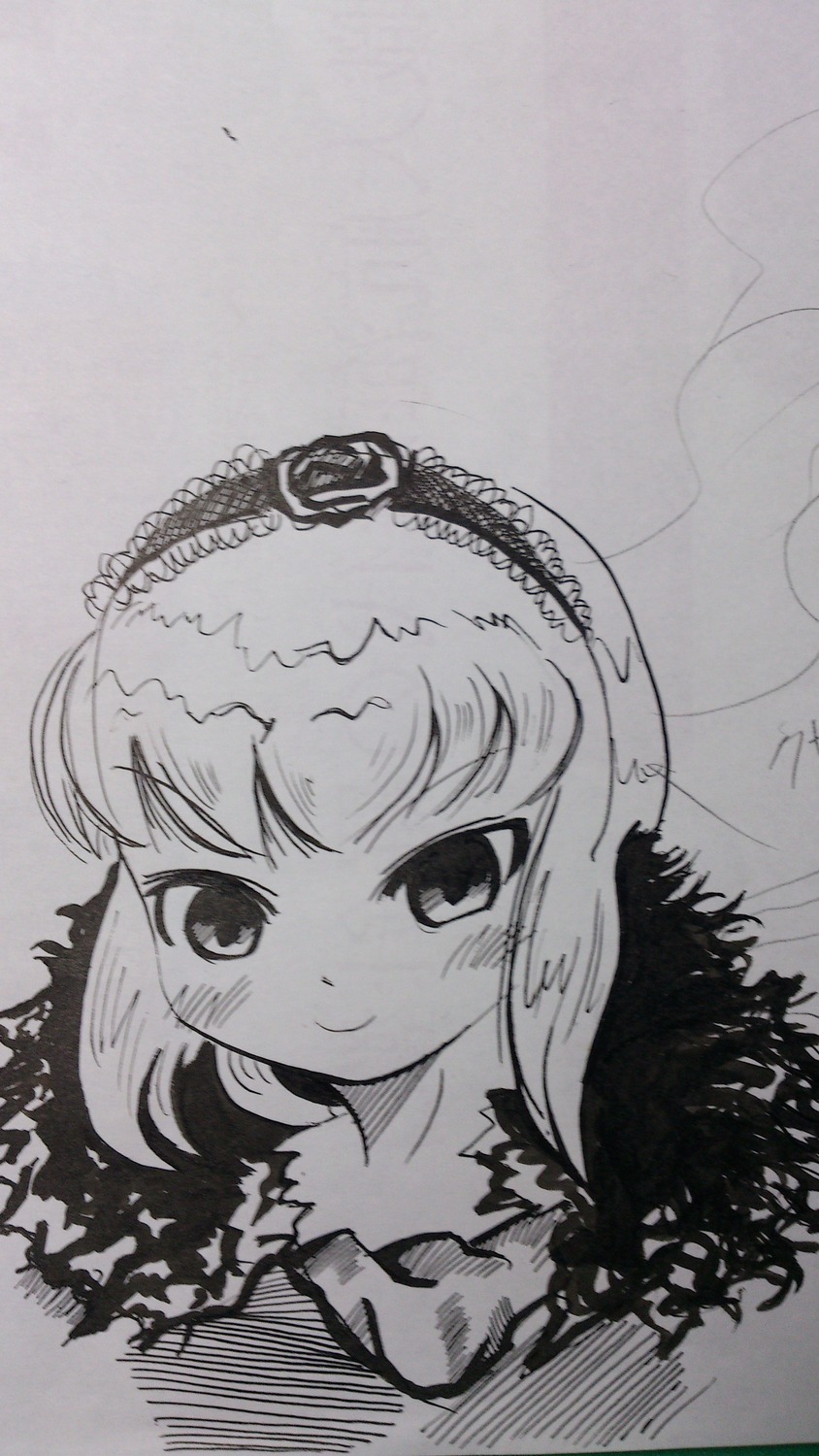 1girl bangs blush closed_mouth collarbone frilled_hairband greyscale hairband image looking_at_viewer monochrome smile solo suigintou traditional_media