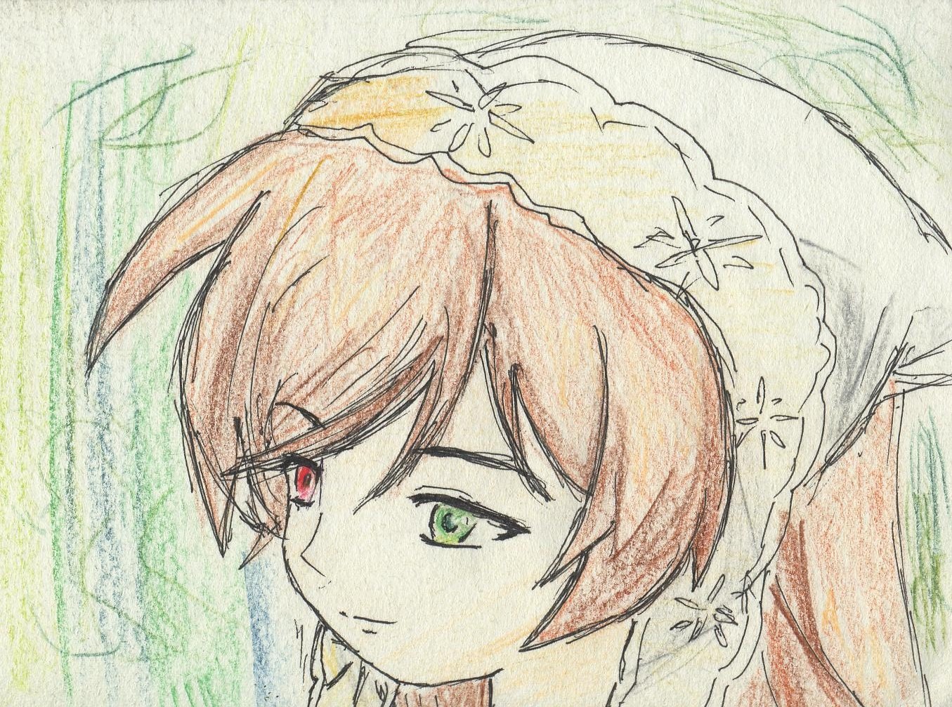 1girl brown_hair closed_mouth eyebrows_visible_through_hair face green_eyes heterochromia hoshizora_rin image portrait red_eyes short_hair smile solo suiseiseki traditional_media