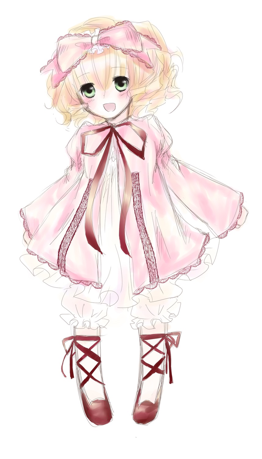 1girl :d blonde_hair bloomers blush bow dress frills full_body green_eyes hair_bow hina_ichigo hinaichigo image long_sleeves looking_at_viewer open_mouth pink_bow pink_dress ribbon short_hair simple_background smile solo standing striped underwear vertical_stripes white_background white_bloomers white_legwear